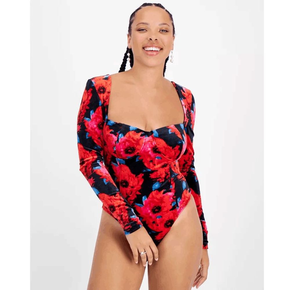 BAR III Women's Floral-Print Square-Neck Velvet Bodysuit Size M